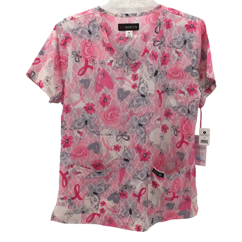 Koi Basics Scrubs NWT Medium Leslie Pretty Pink Ribbon Butterfly Top Nursing